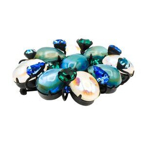 Vintage Japanned Blue Green Rhinestone With Green Moonglow Aurora Borealis Caboc